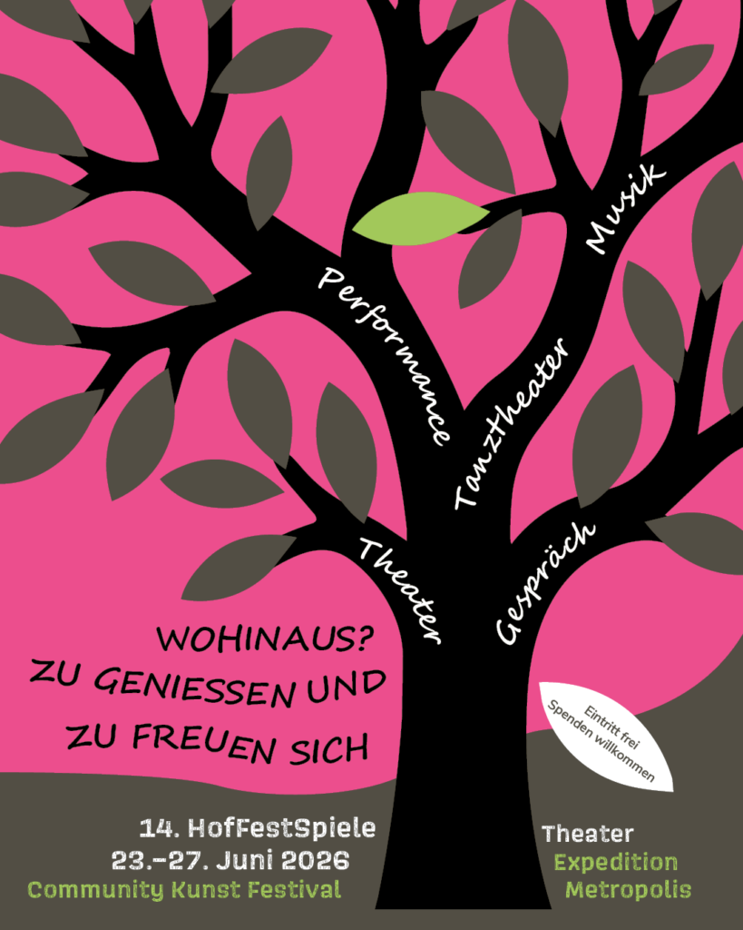 Graphik der 14. Kreuzberger HofFestSpiele: Ein Baum mit vielen grauen und einem grünen Blatt