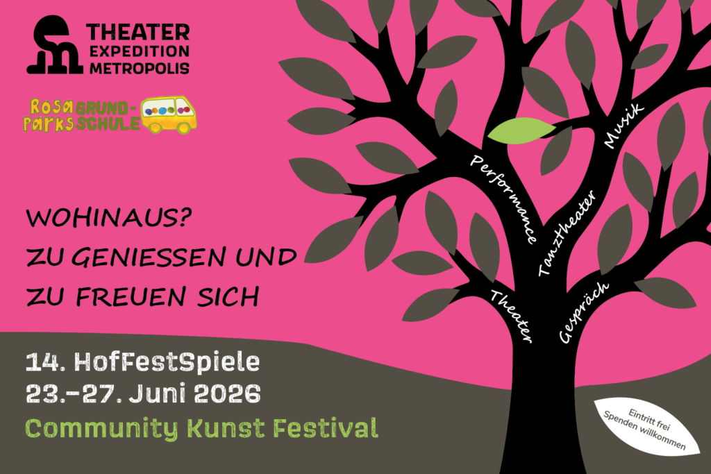 Flyer der 14. HofFestSpiele, ein Baum mit vielen grauen und einem grünen Blatt, rosa Hintergrund